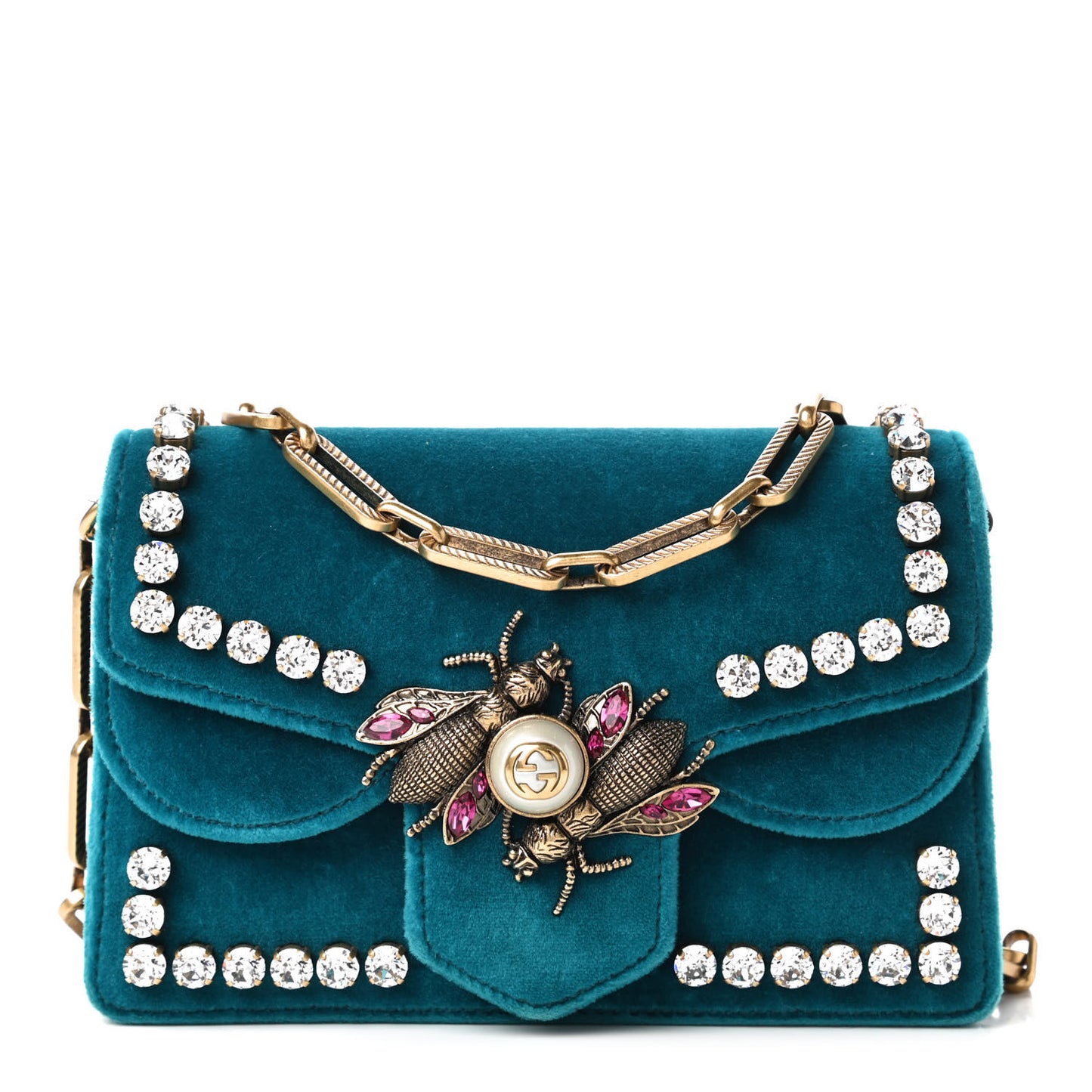 Velvet Crystal Mini Bee Broadway Shoulder Bag Pavone Cyan