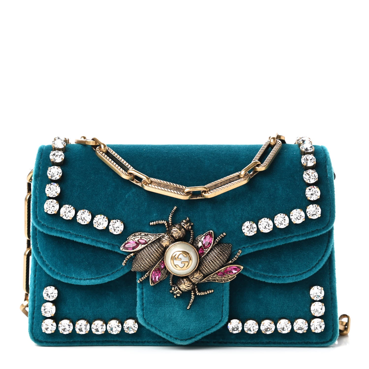Gucci Velvet Crystal Mini Bee Broadway Shoulder Bag Pavone Cyan 1 of 10