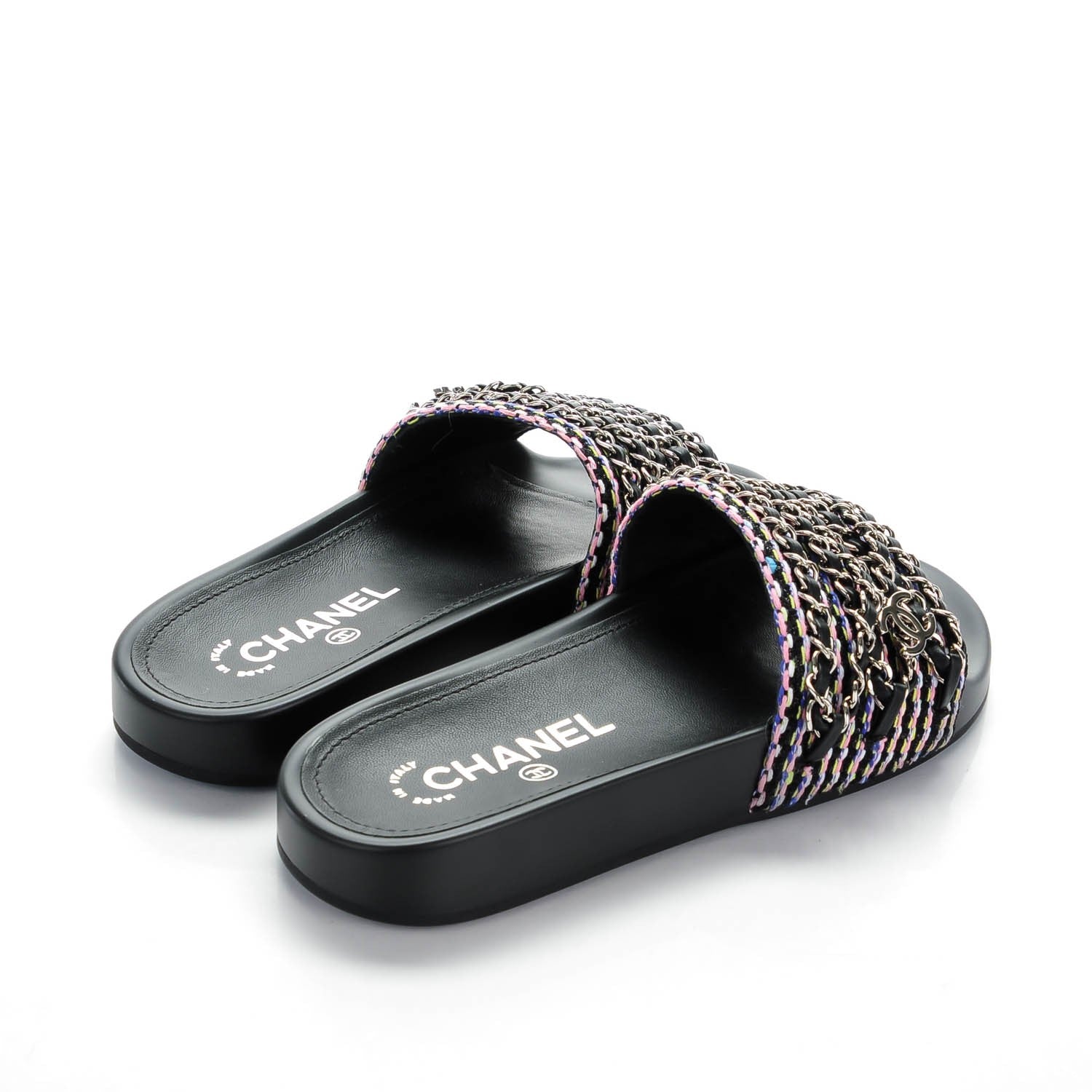 Chanel Tweed Lambskin Chain Flat Sandals 35 Black Multicolor 4 of 8