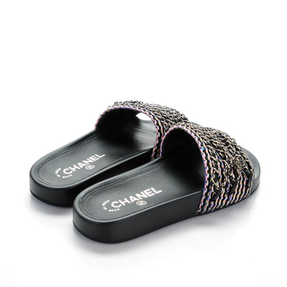Chanel Tweed Lambskin Chain Flat Sandals 35 Black Multicolor 4 of 8