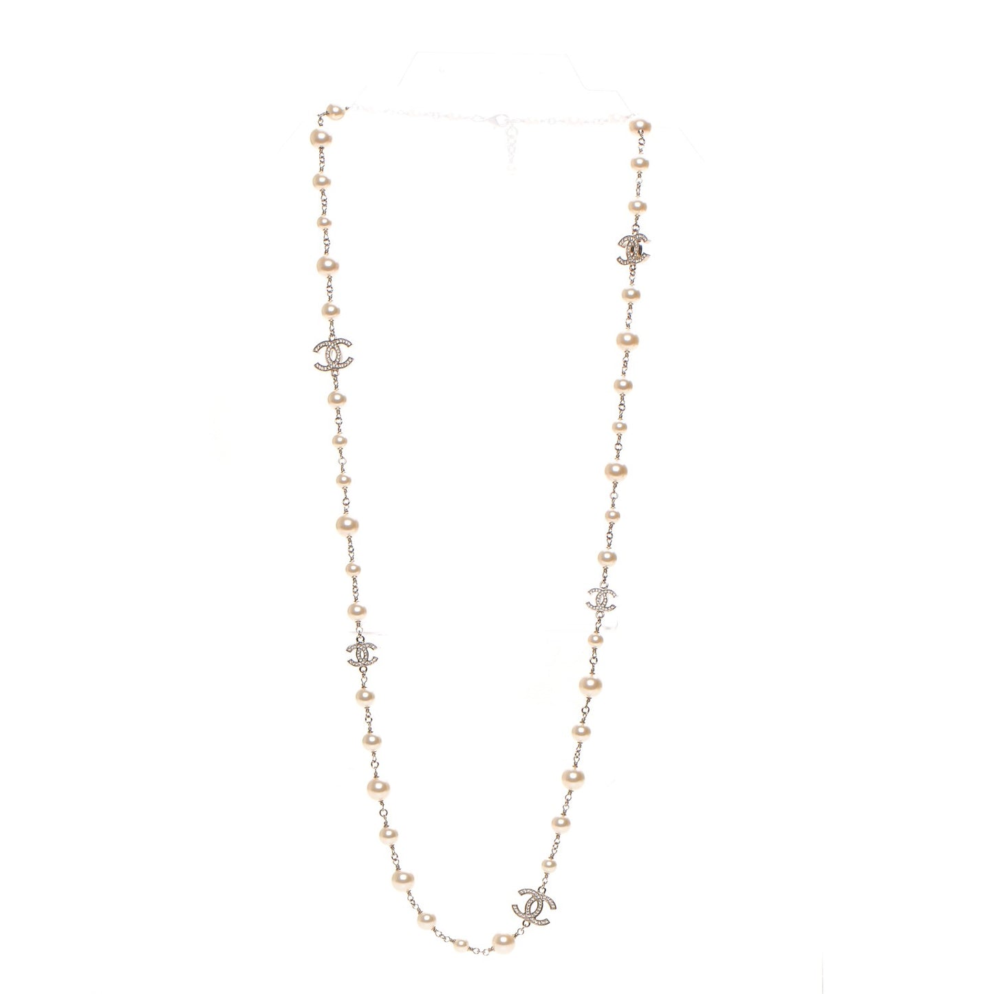 Crystal Pearl CC Long Necklace Silver