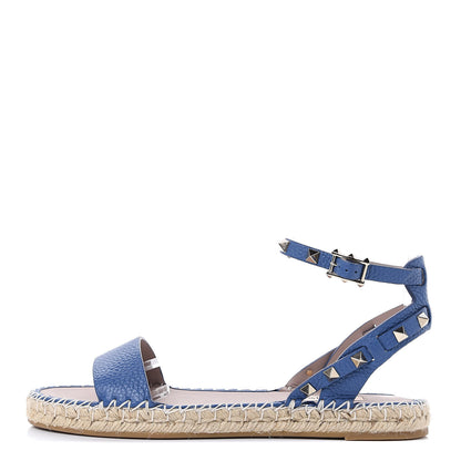 Valentino Garavani Grained Calfskin Rockstud Ankle Strap Espadrille Flat Sandals 37 Baltique 1 of 8