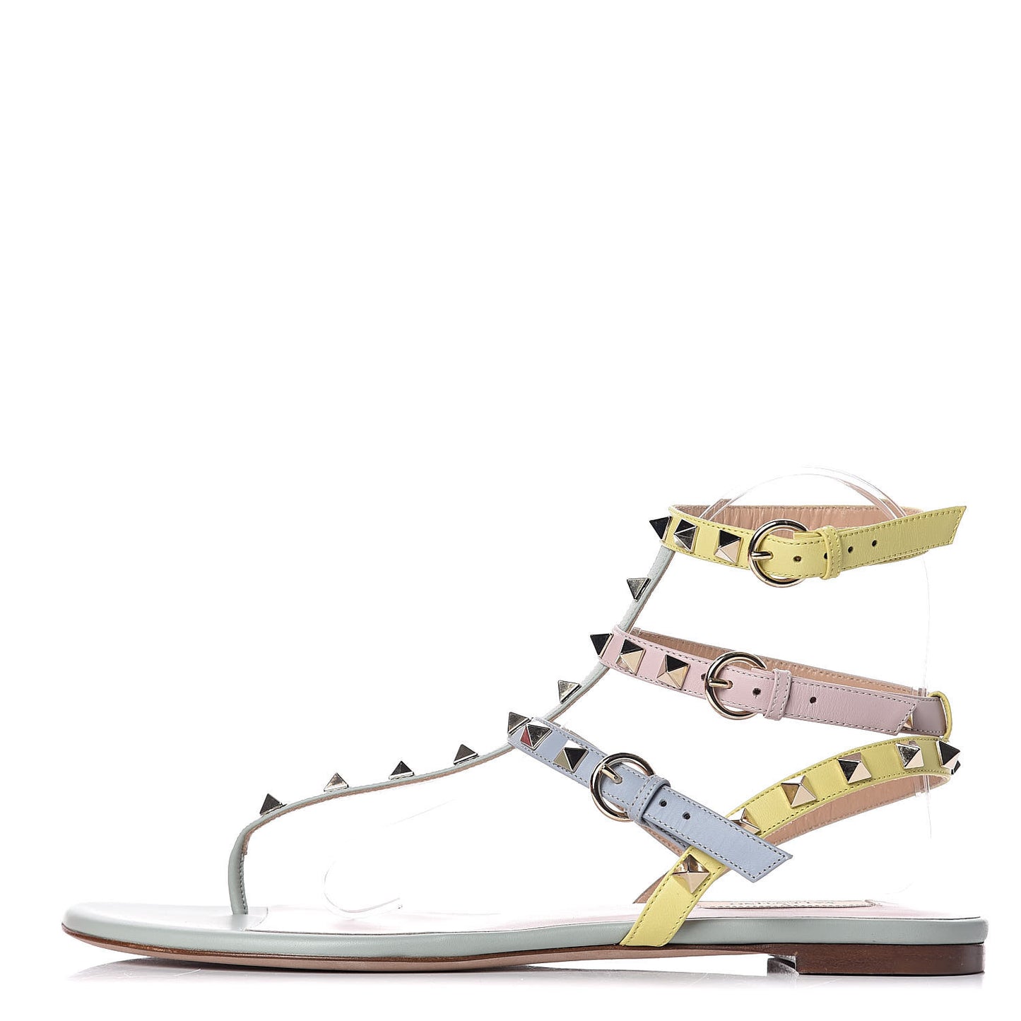 Calfskin Colorblock Rockstud Ankle Wrap Flat Thong Sandals 39.5 Multicolor