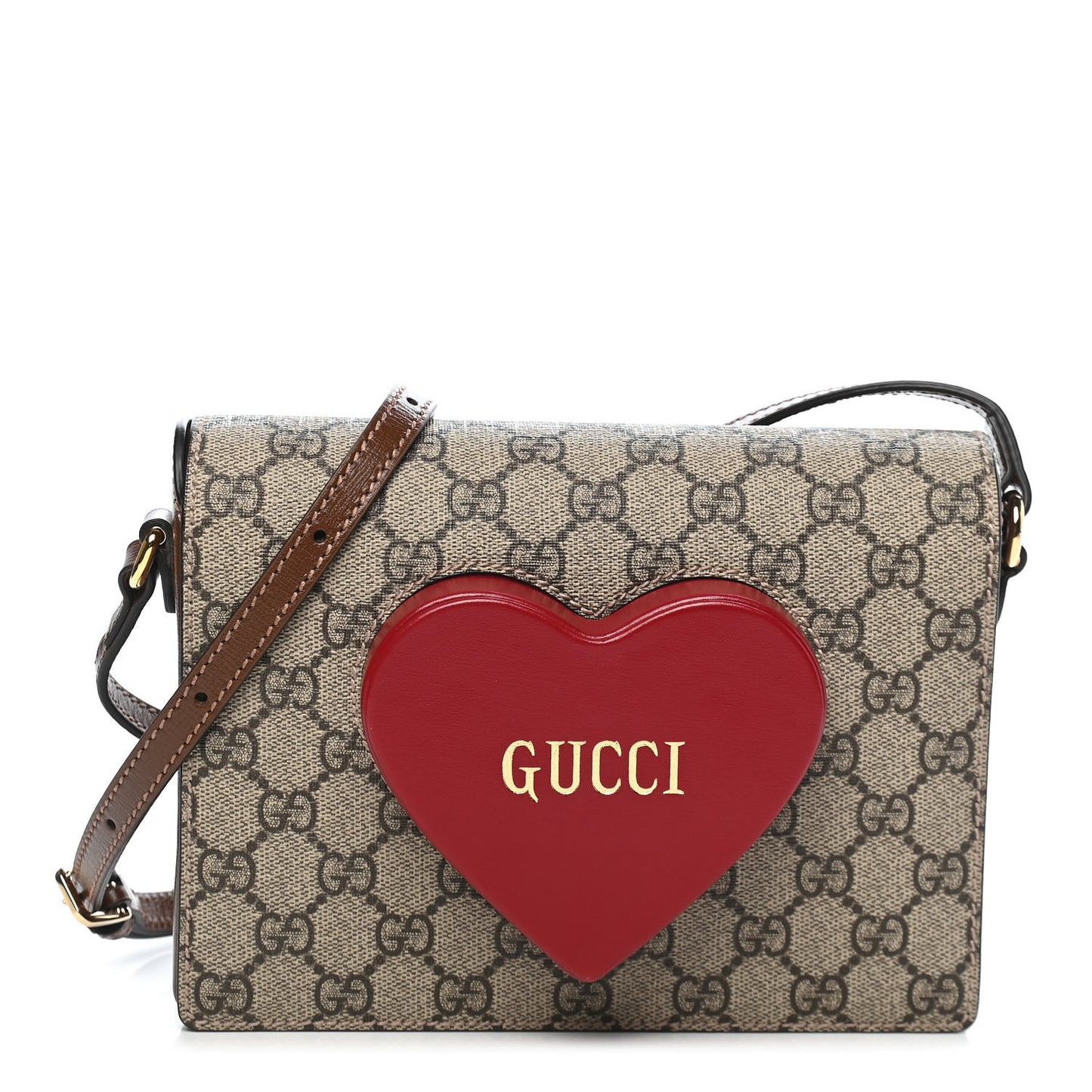 GG Supreme Monogram Script Logo Heart Crossbody Bag Beige Brown