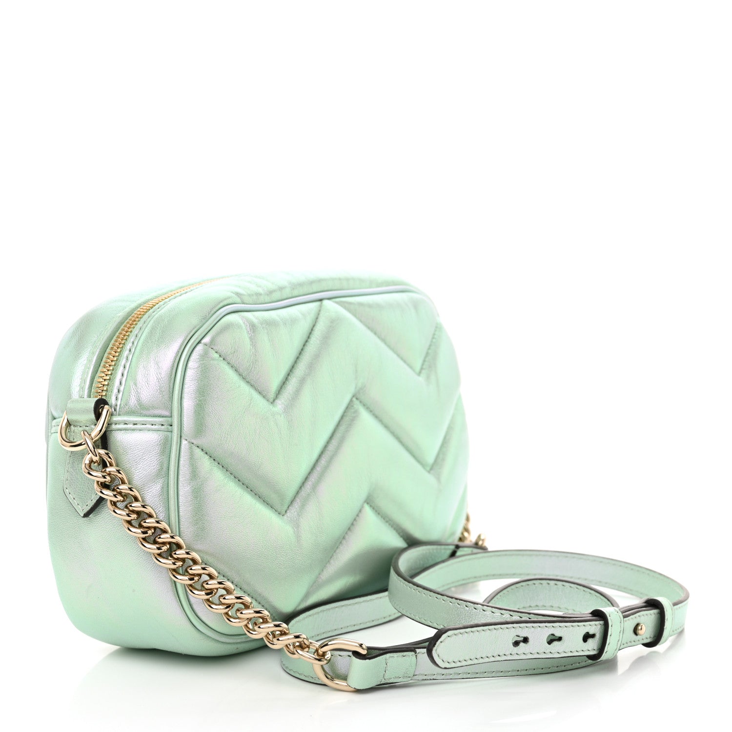 Gucci Iridescent Nappa Chevron Matelasse Small GG Marmont Chain Shoulder Bag Iridescent Salvy Green 3 of 12