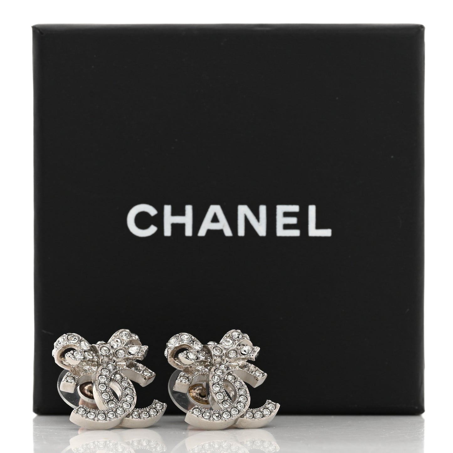 Crystal CC Bow Dangle Earrings Silver