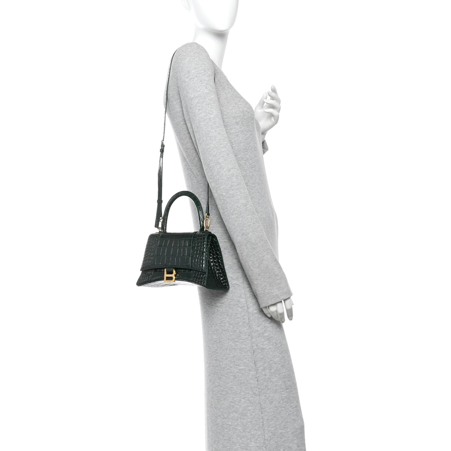 Balenciaga Shiny Calfskin Crocodile Embossed Small Hourglass Top Handle Bag Forest Green 2 of 9
