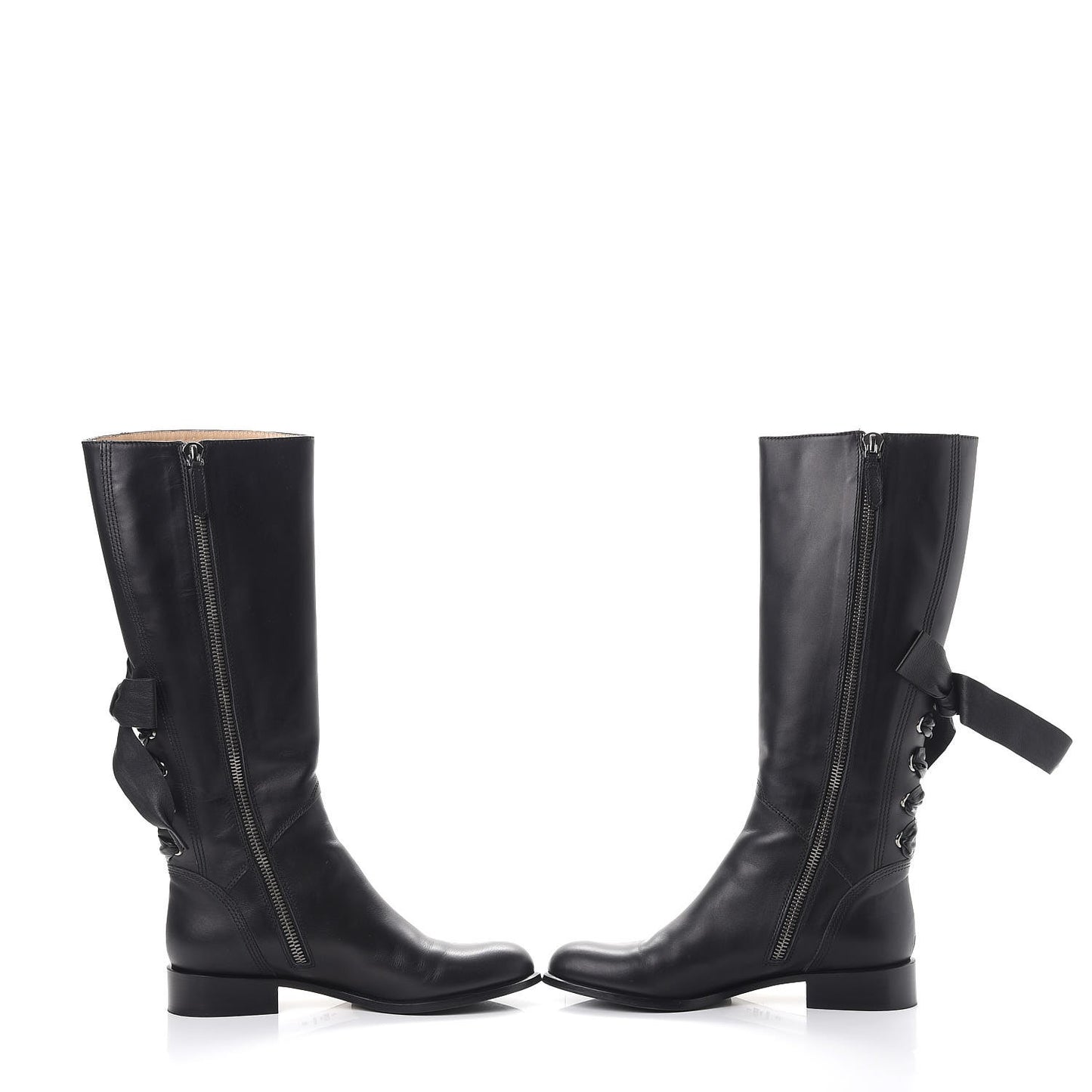 Calfskin Bow Lace Up Back Knee High Tall Boots 38.5 Black
