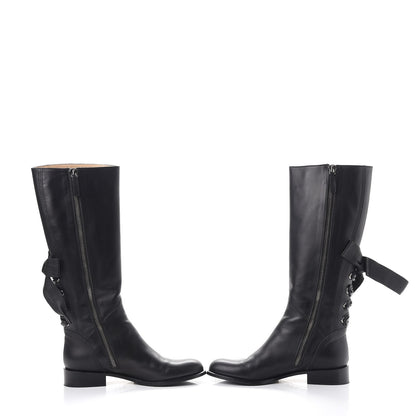 Valentino Garavani Calfskin Bow Lace Up Back Knee High Tall Boots 38.5 Black 5 of 24