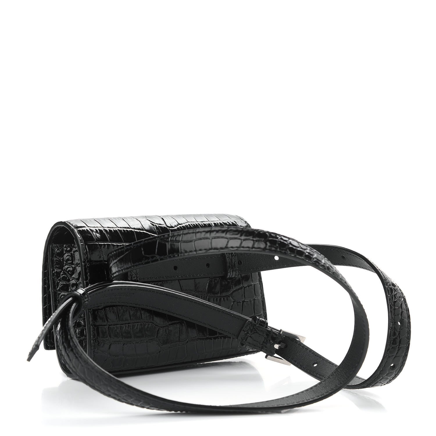 Saint Laurent Calfskin Crocodile Embossed Monogram Kate Belt Bag Black 3 of 8