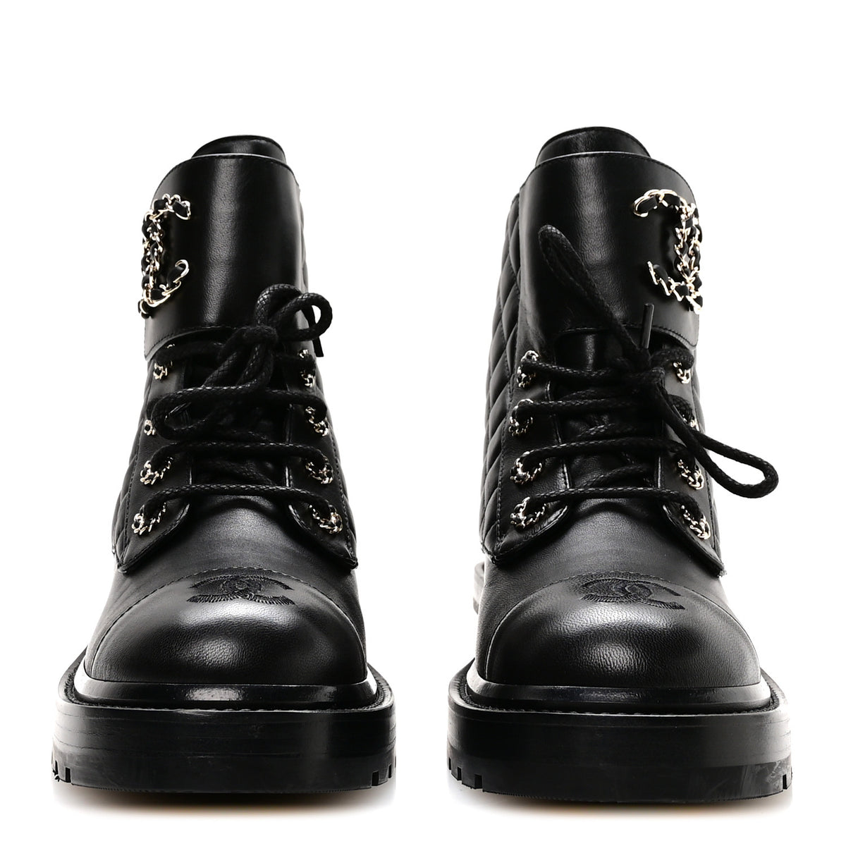 Shiny Lambskin Quilted Lace Up Combat Boots 38.5 Black