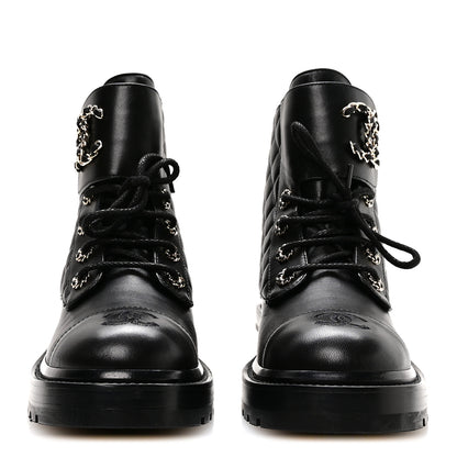 Chanel Shiny Lambskin Quilted Lace Up Combat Boots 38.5 Black 3 of 9