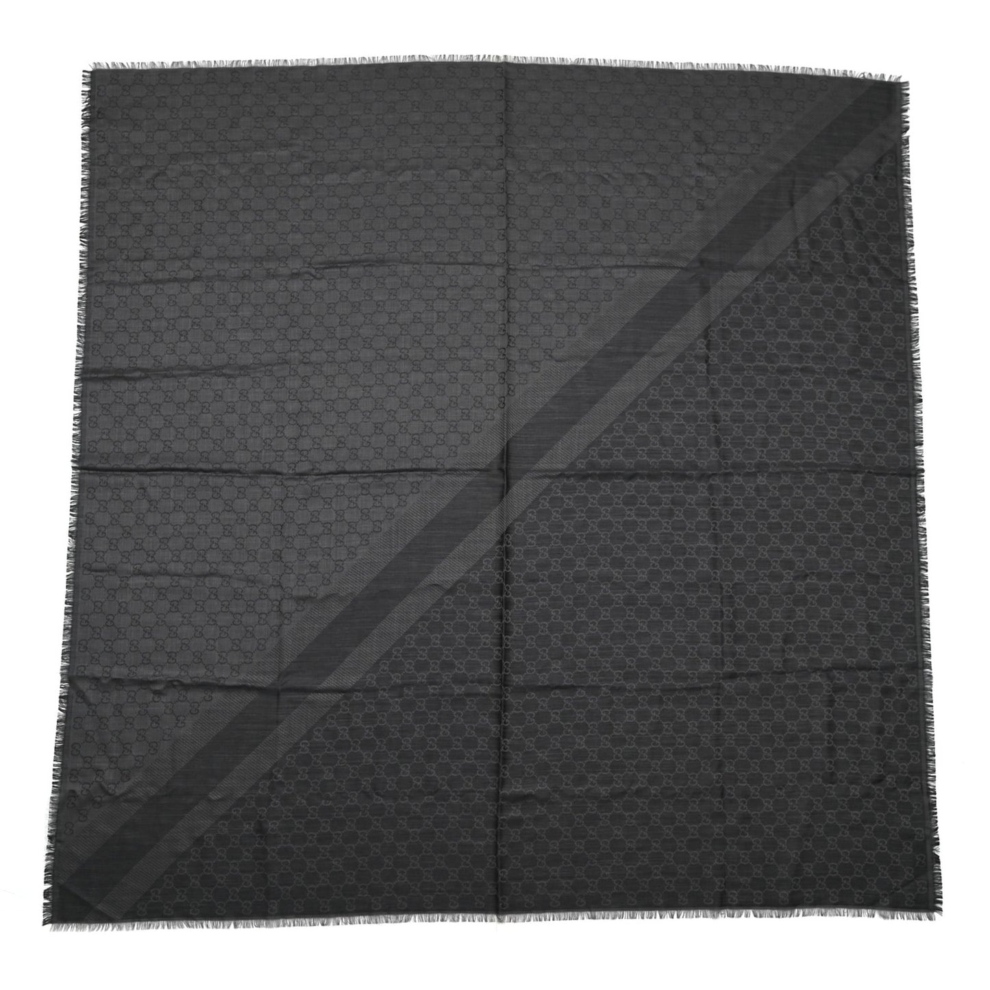Wool Silk Monogram GGWeb Fringe Shawl Black Medium Grey