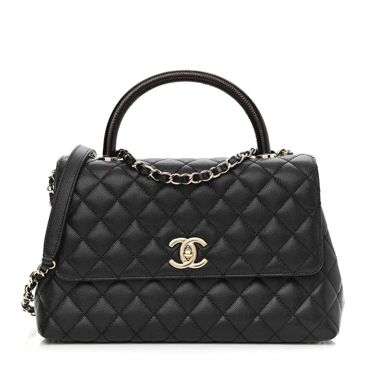 Caviar Lizard Embossed Quilted Small Coco Handle Flap Black