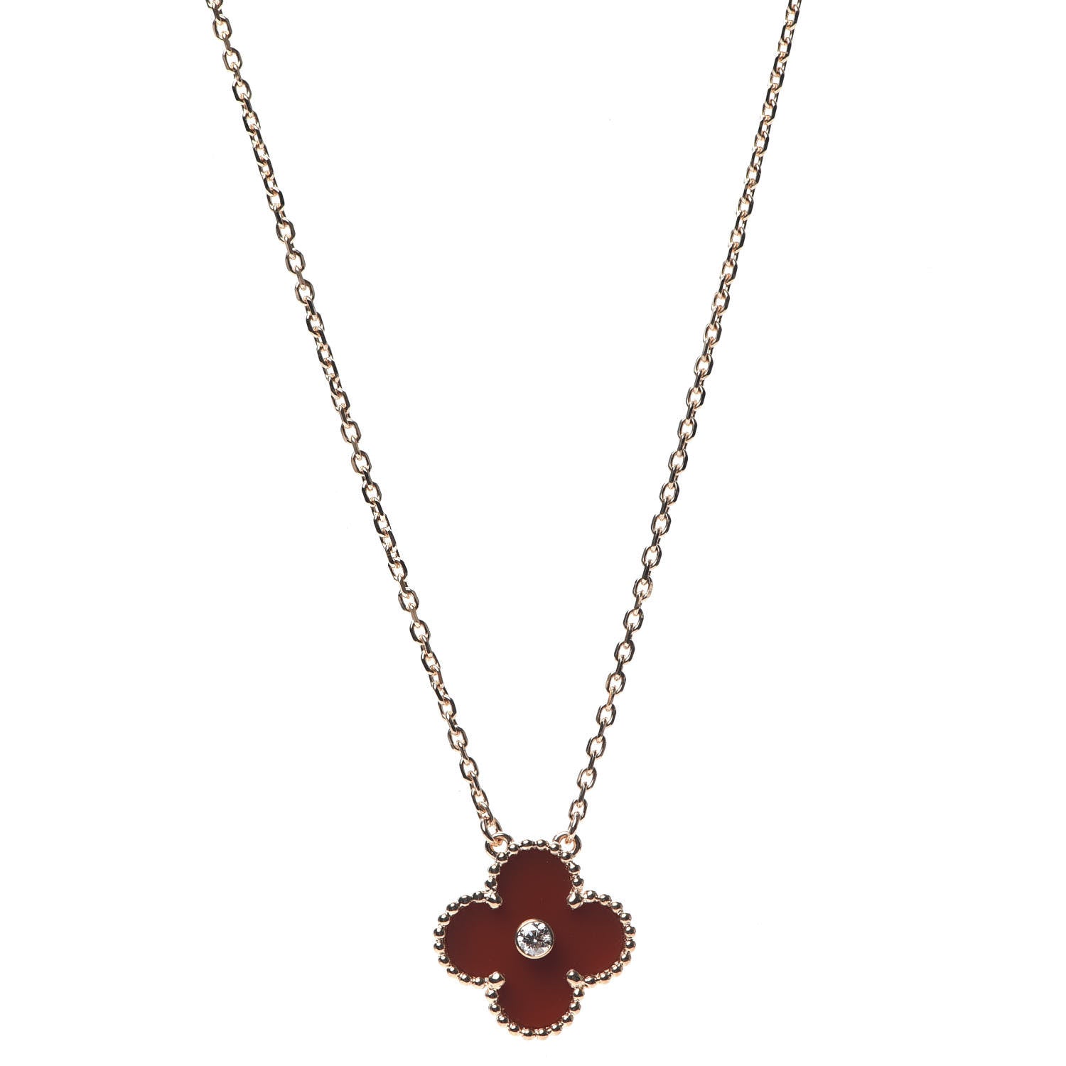 Van Cleef & Arpels 18K Rose Gold Diamond Carnelian Vintage Alhambra Pendant Necklace 1 of 7