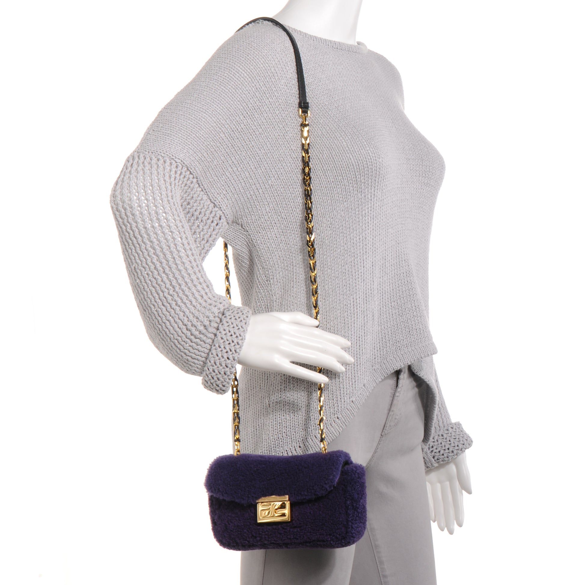 Fendi Shearling Nappa Mini Be Baguette Shoulder Bag Purple Black 2 of 10