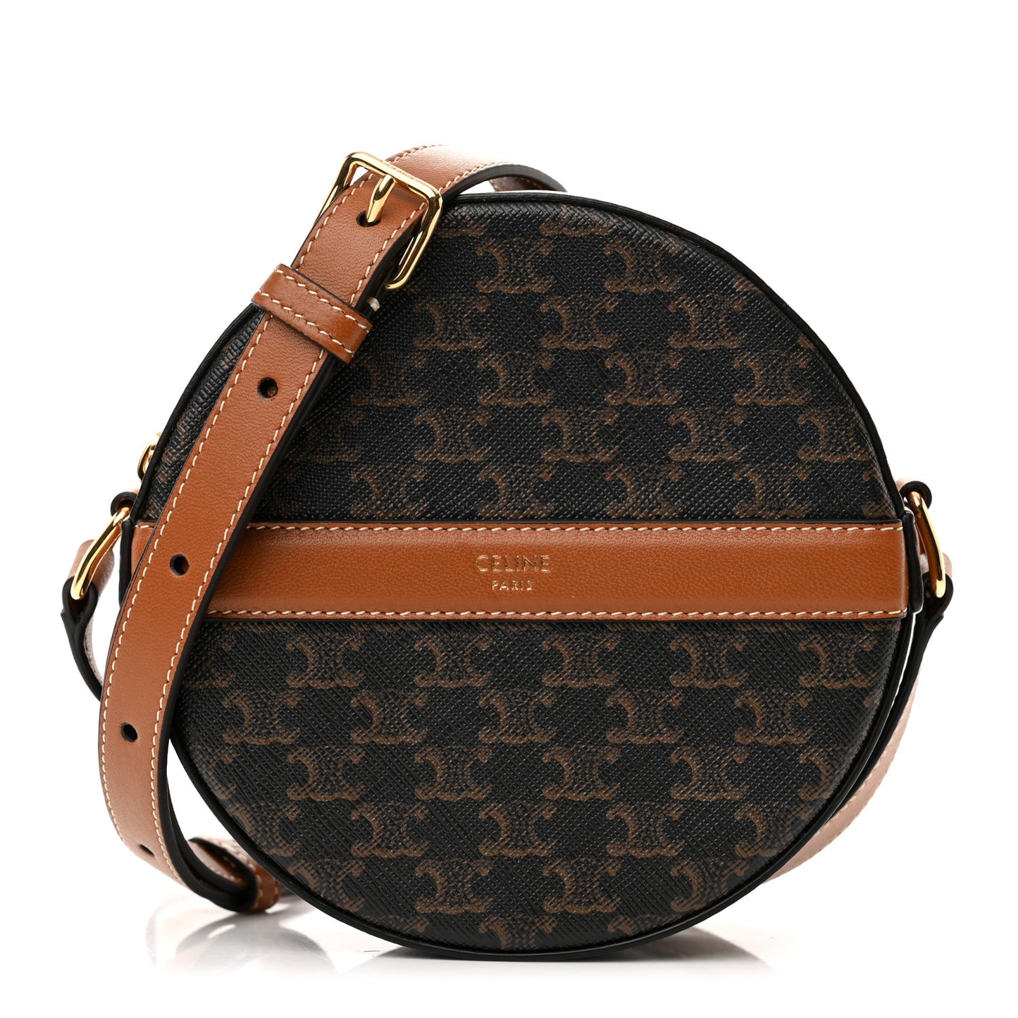 Lambskin Triomphe Canvas Round Purse On Strap Black Tan