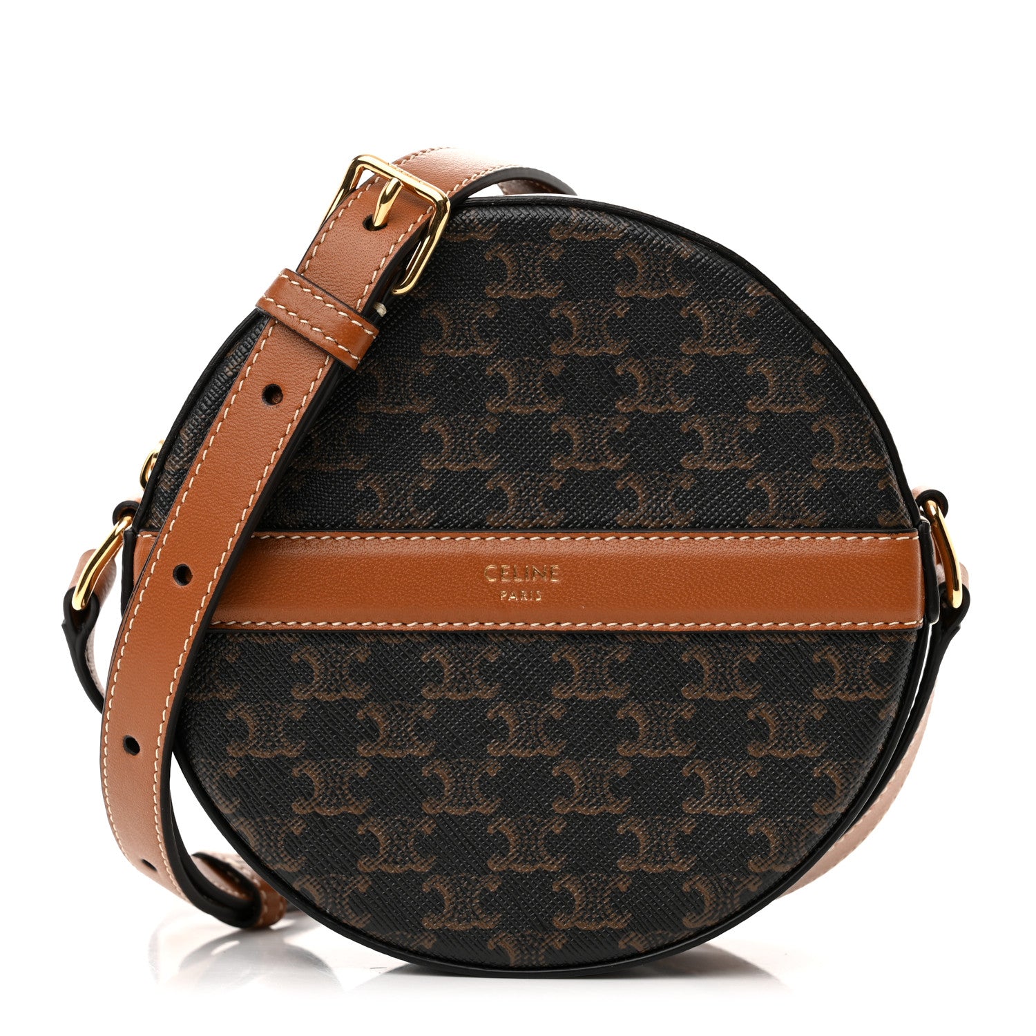 Celine Lambskin Triomphe Canvas Round Purse On Strap Black Tan 1 of 11