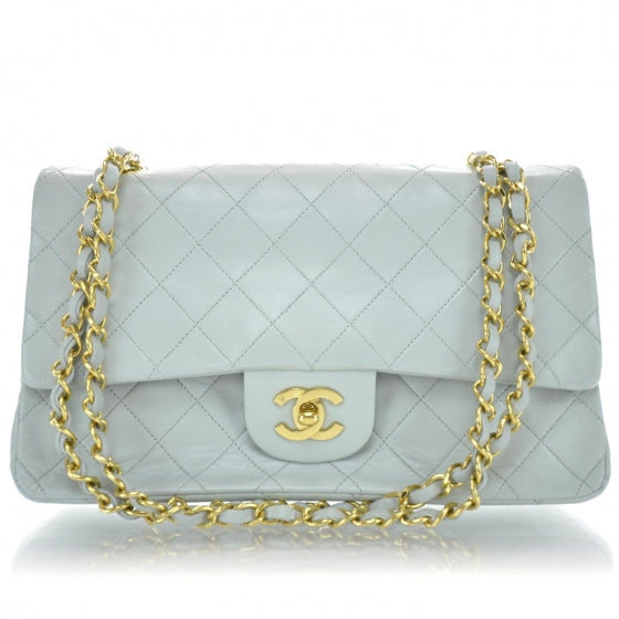 Lambskin Quilted Medium Double Flap Light Blue