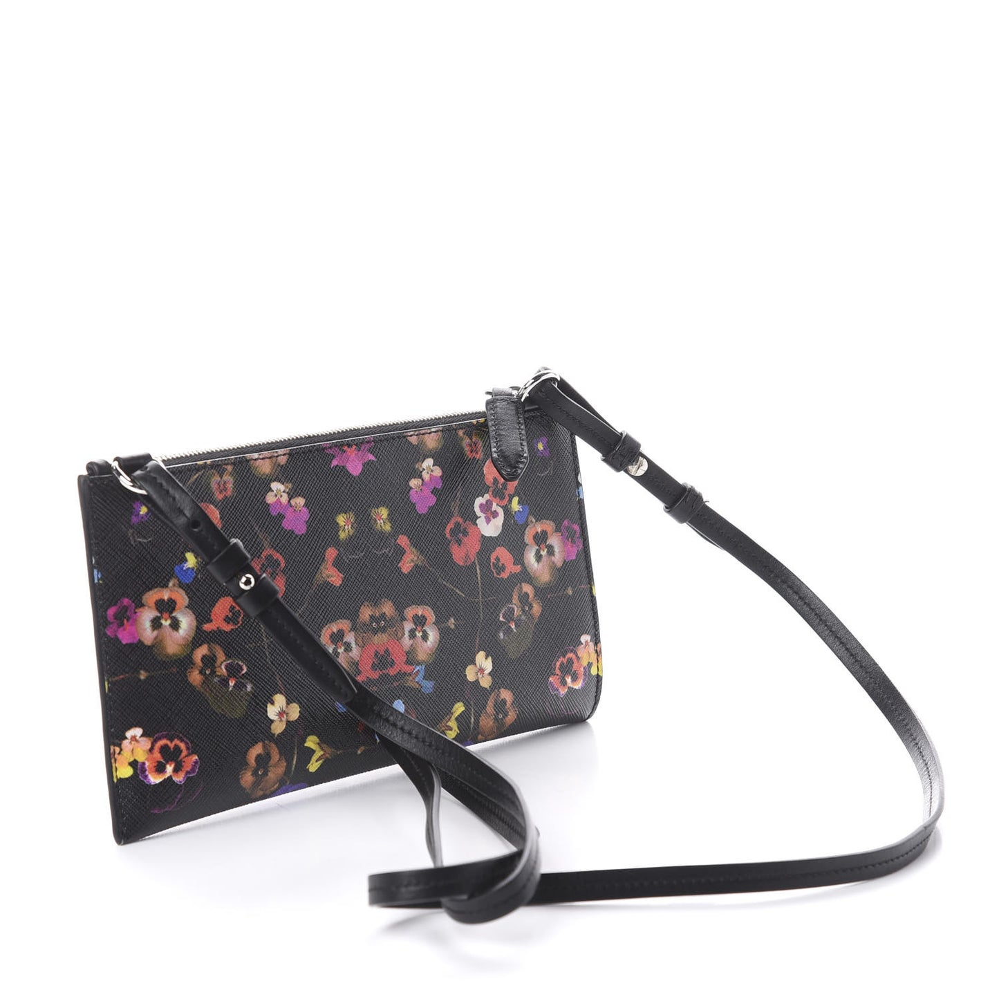 Textured Coated Canvas Pansy Print Iconic Pouch Crossbody Black Multicolor