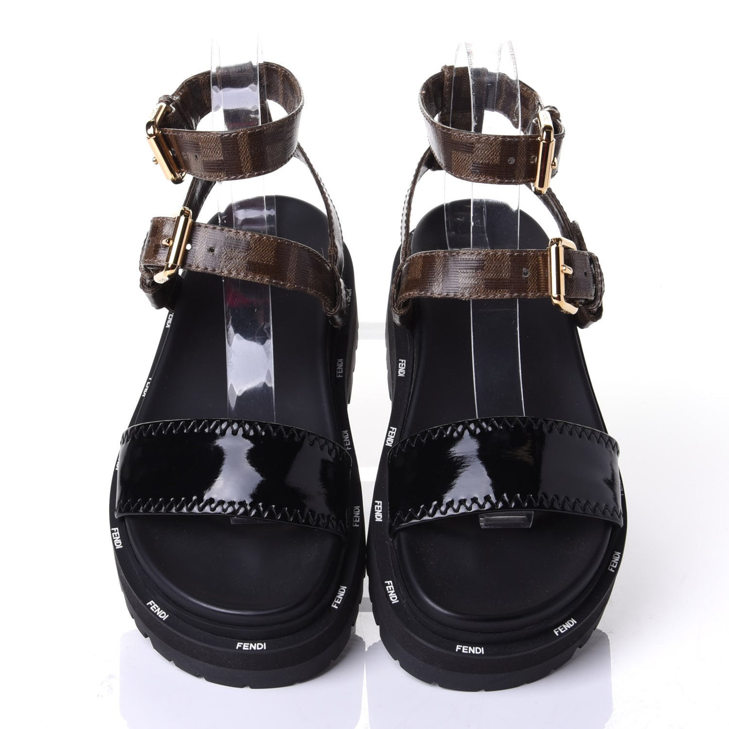 Patent Glazed Fabric FF Strappy Platform Sandals 35 Black