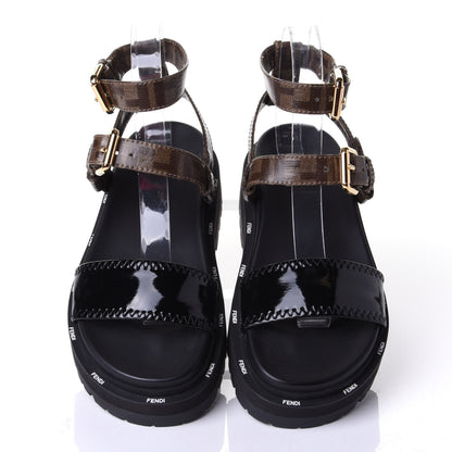 Fendi Patent Glazed Fabric FF Strappy Platform Sandals 35 Black 5 of 11