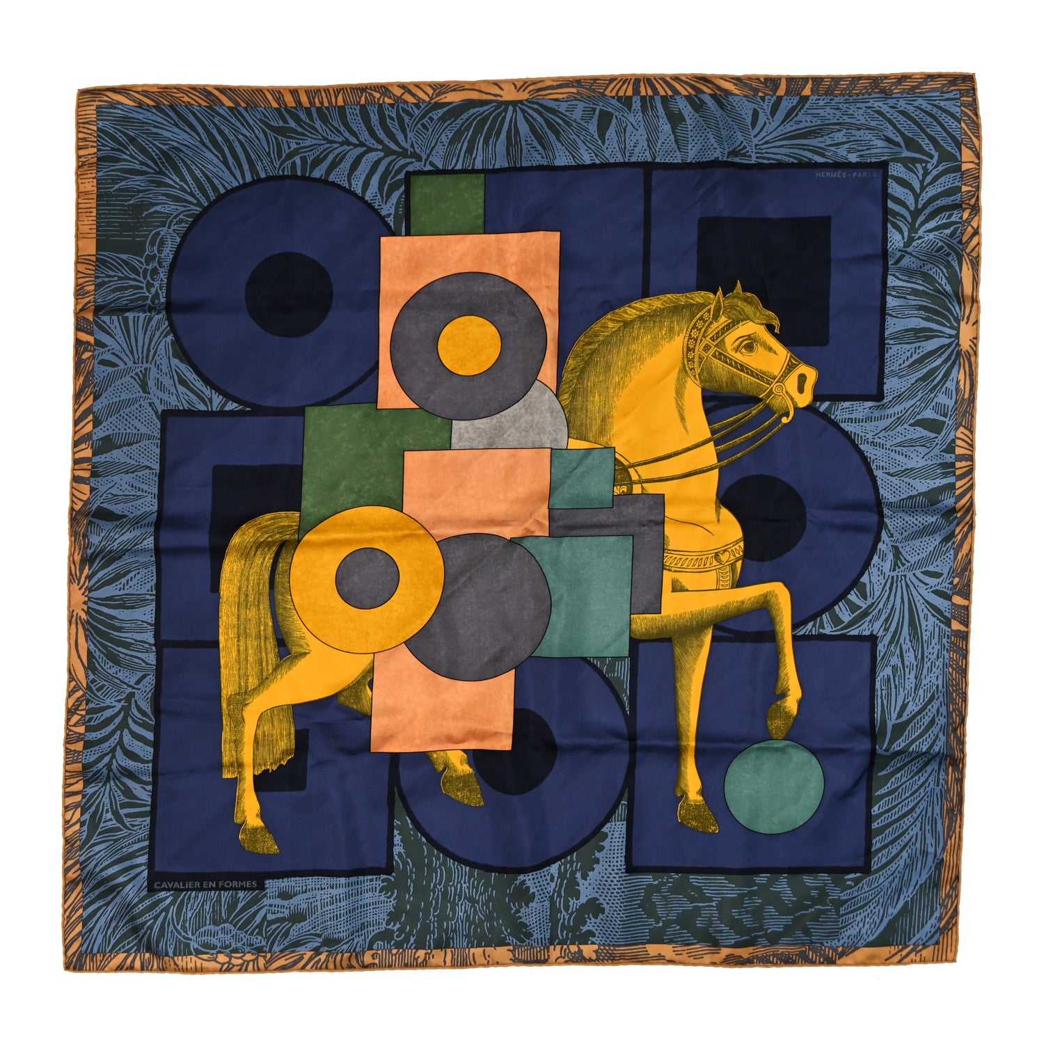 Hermes Silk Cavalier En Formes Scarf 90 Bleu Nuit Jaune De Naples 1 of 5