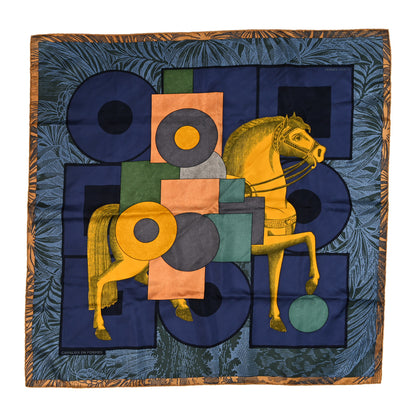 Hermes Silk Cavalier En Formes Scarf 90 Bleu Nuit Jaune De Naples 1 of 5