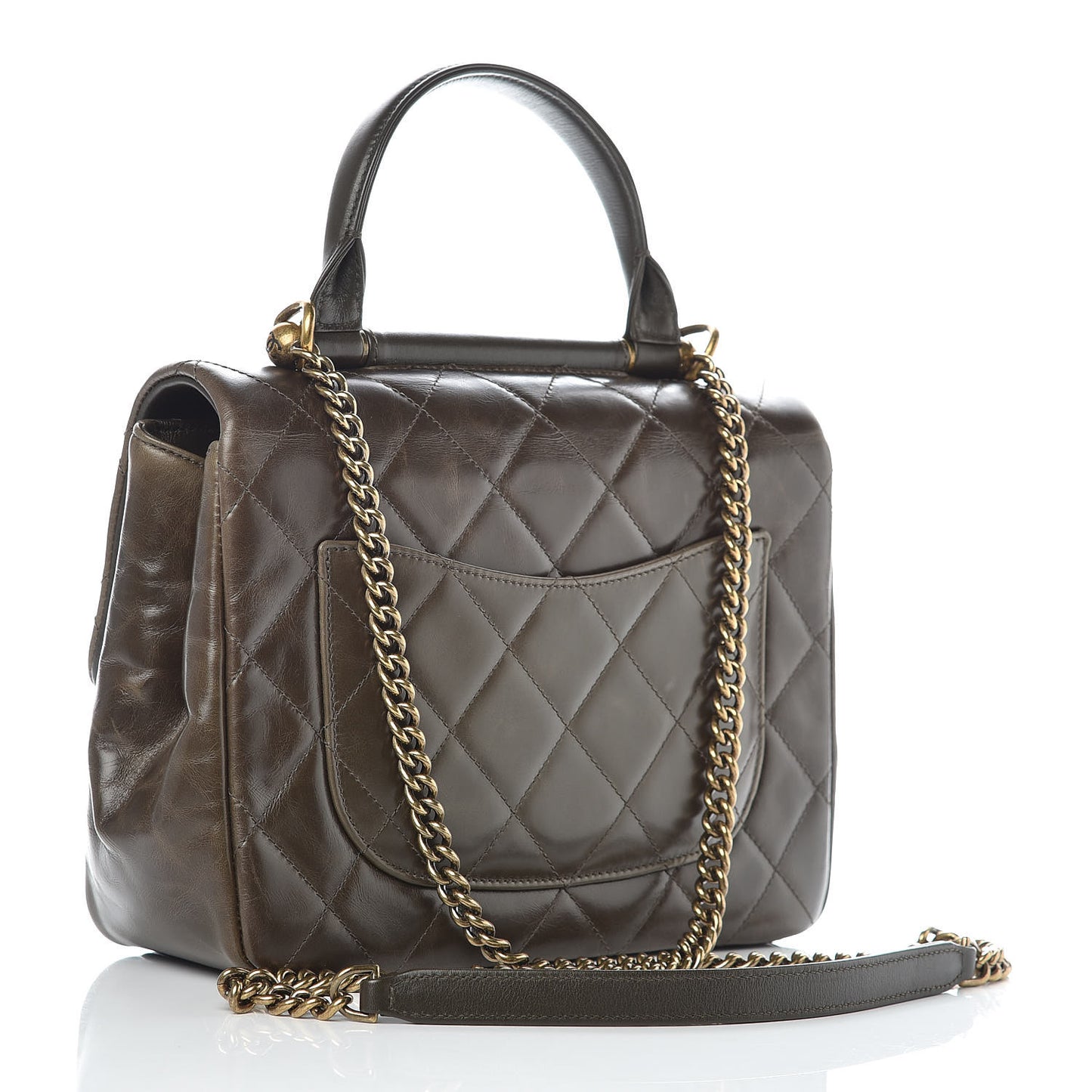 Calfskin Quilted Medium Gold Bar Top Handle Flap Dark Khaki