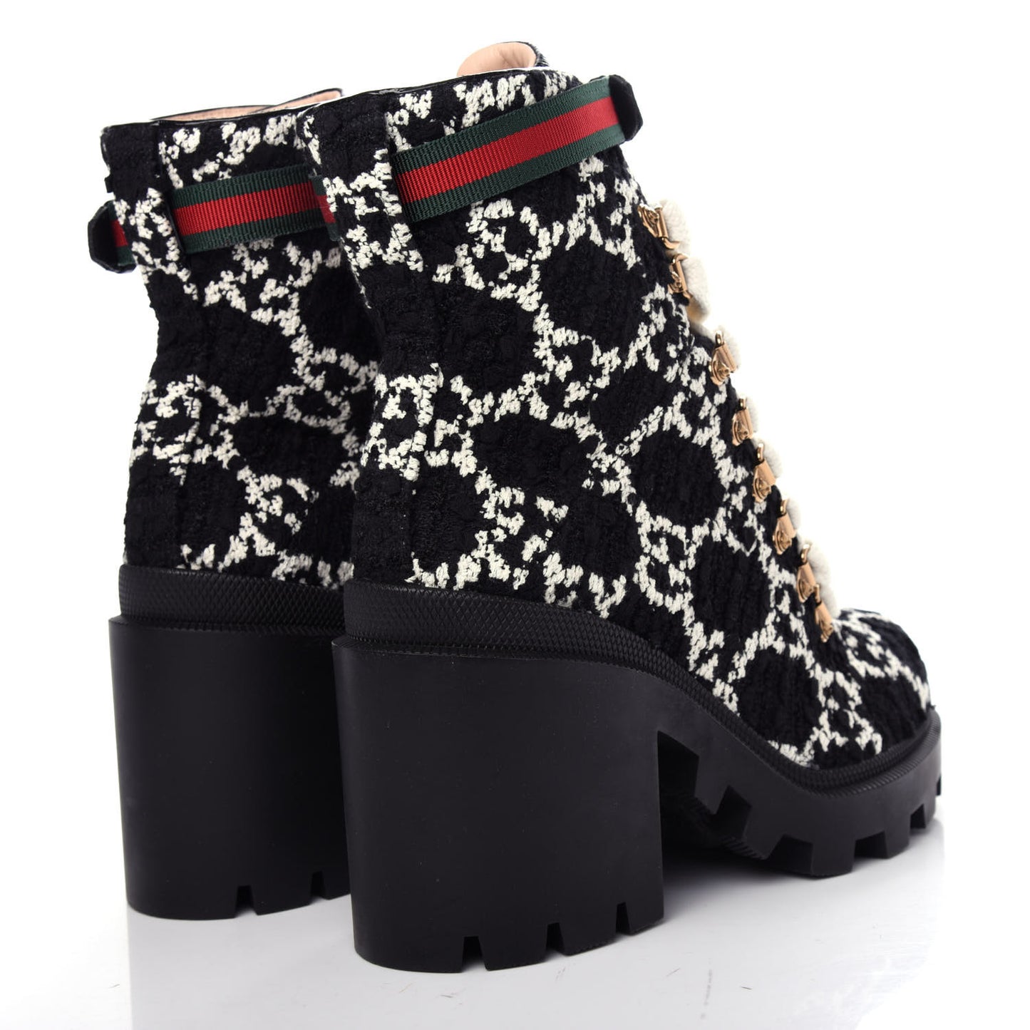 Tweed GG Monogram Lace Up Combat Ankle Boots 39.5 Black