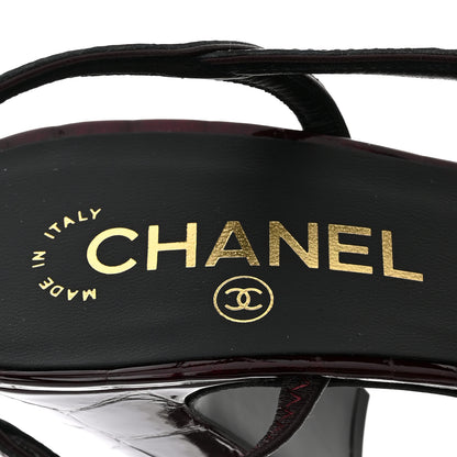 Chanel Patent Calfskin Crocodile Embossed Cap Toe CC Slingback 38 Dark Burgundy Black 8 of 10
