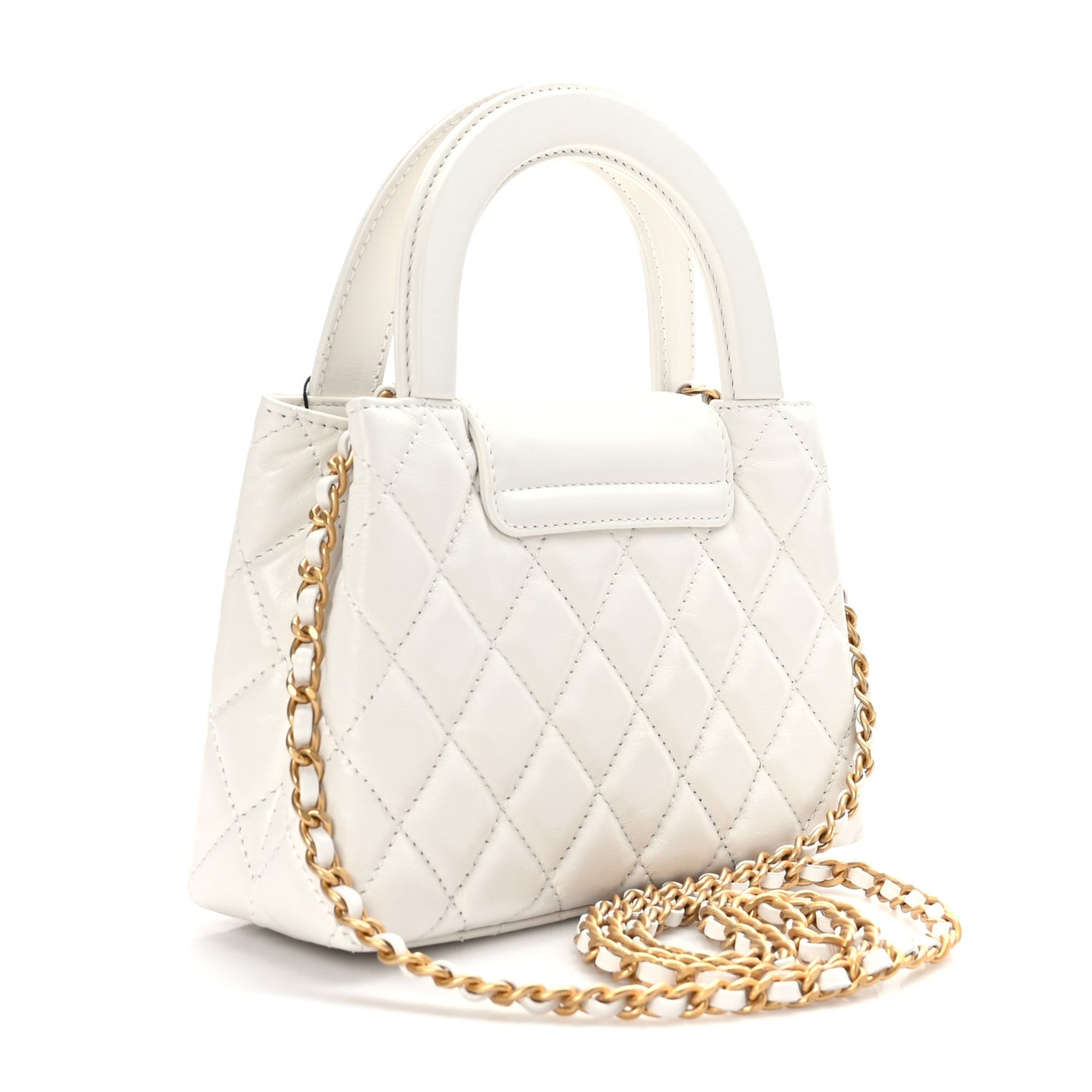 Shiny Aged Calfskin Quilted Nano Kelly Shopper White