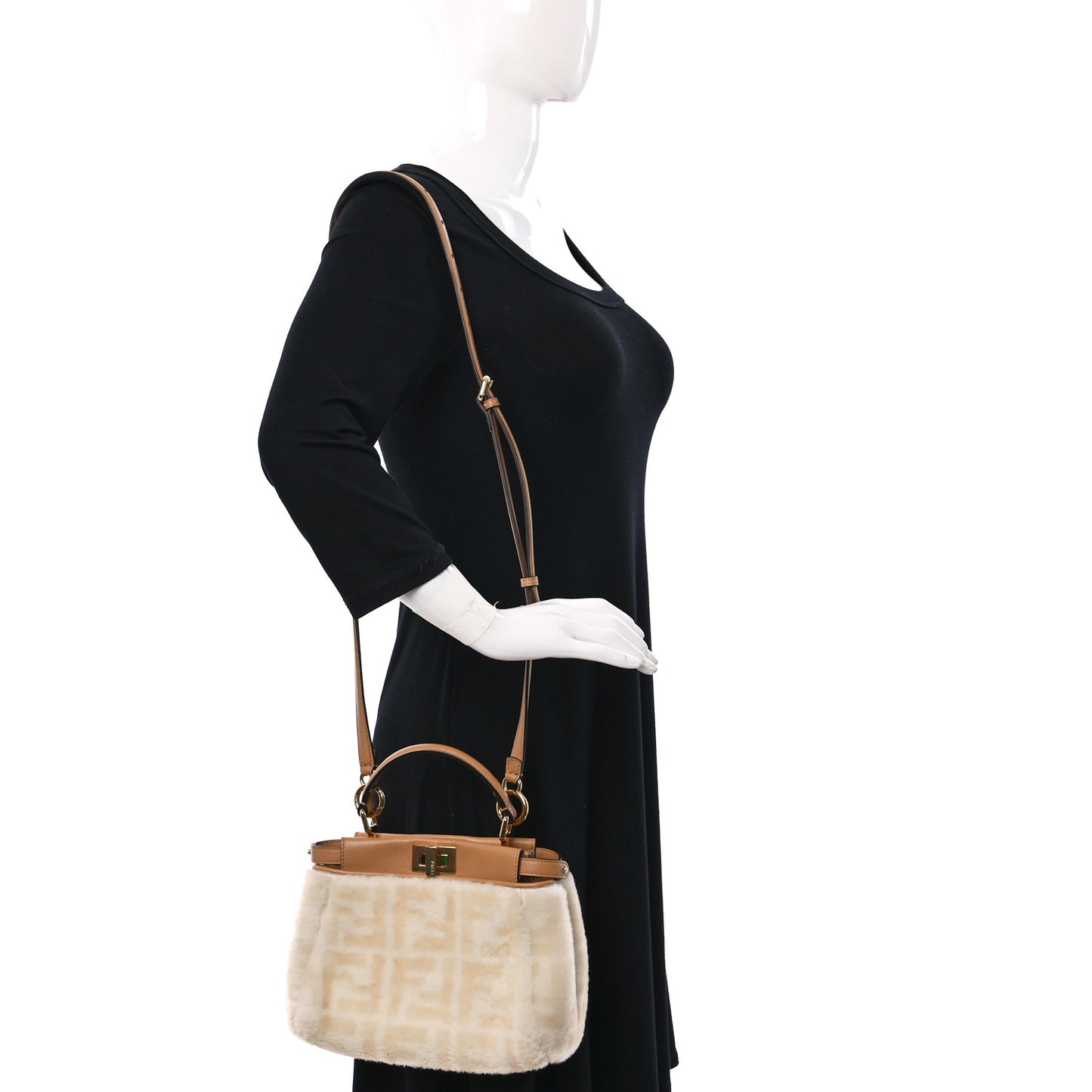 Shearling Nappa Macro FF 1974 Mini Peekaboo Iconic Satchel White Ice Cuoio Miele Scuro