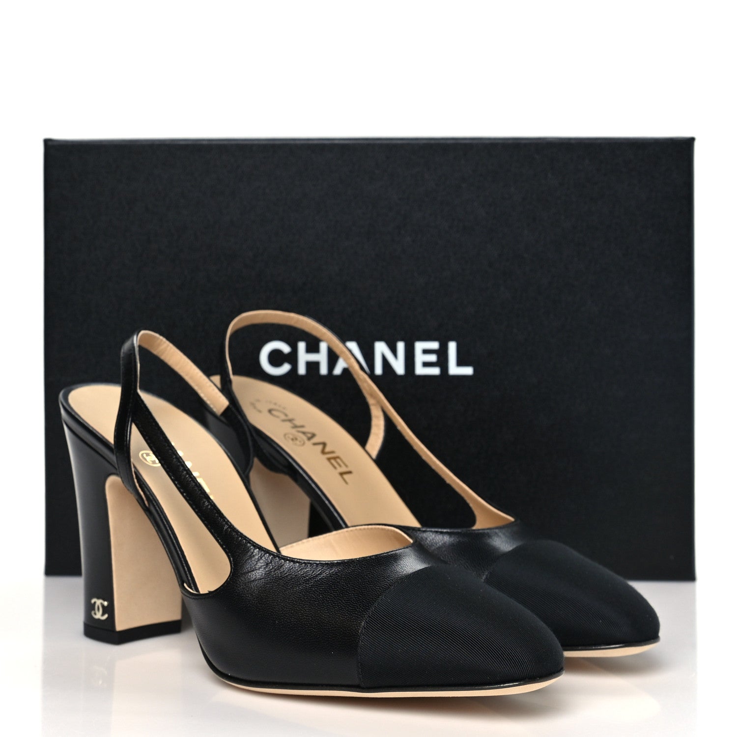 Chanel Lambskin Grosgrain Cap Toe CC Slingback Pumps 39 Black 10 of 10