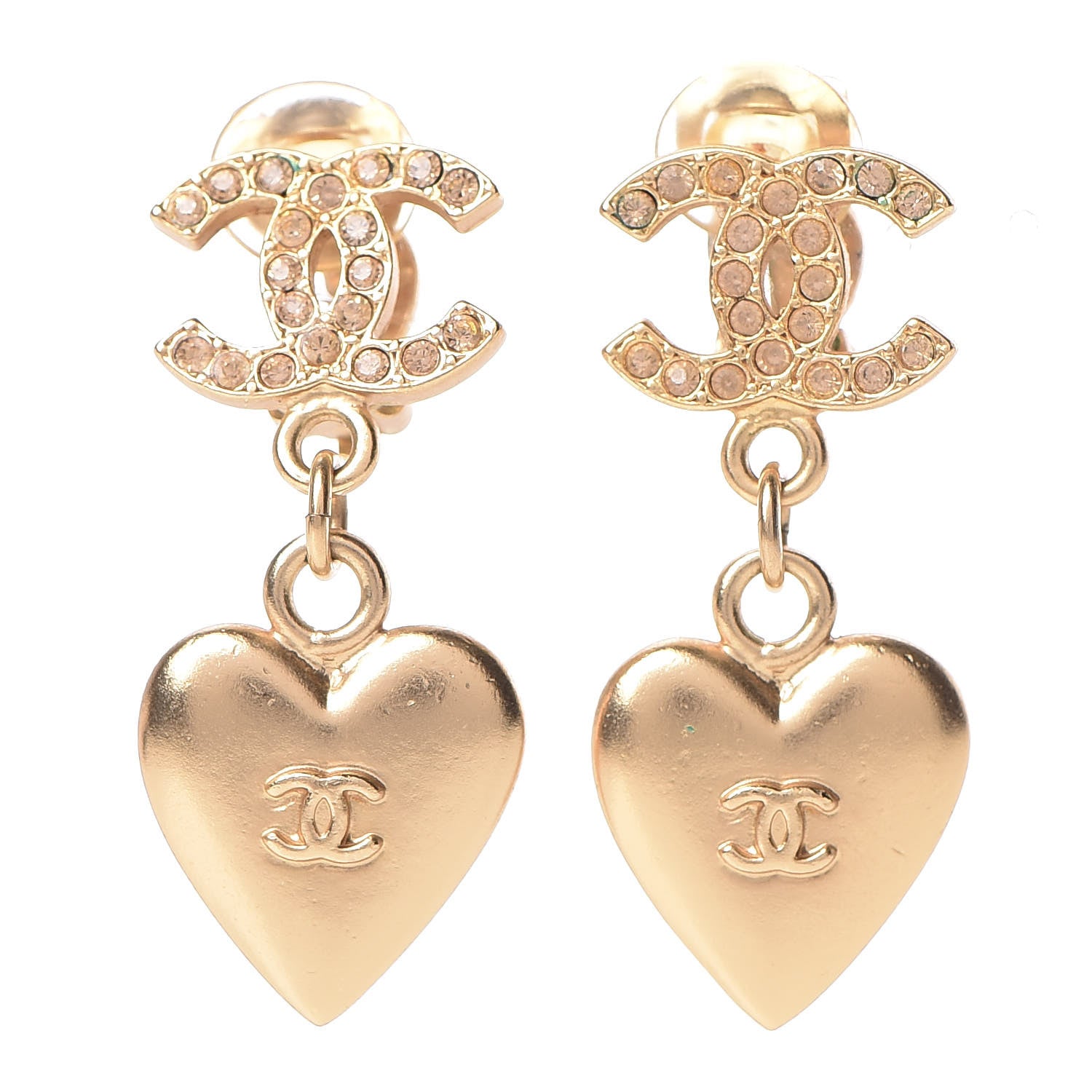 Chanel Crystal Heart CC Drop Clip On Earrings Gold 1 of 7