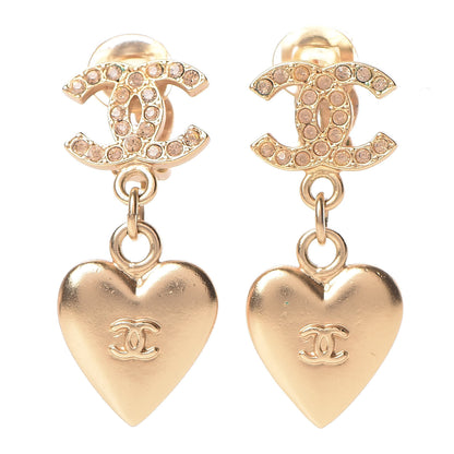 Chanel Crystal Heart CC Drop Clip On Earrings Gold 1 of 7