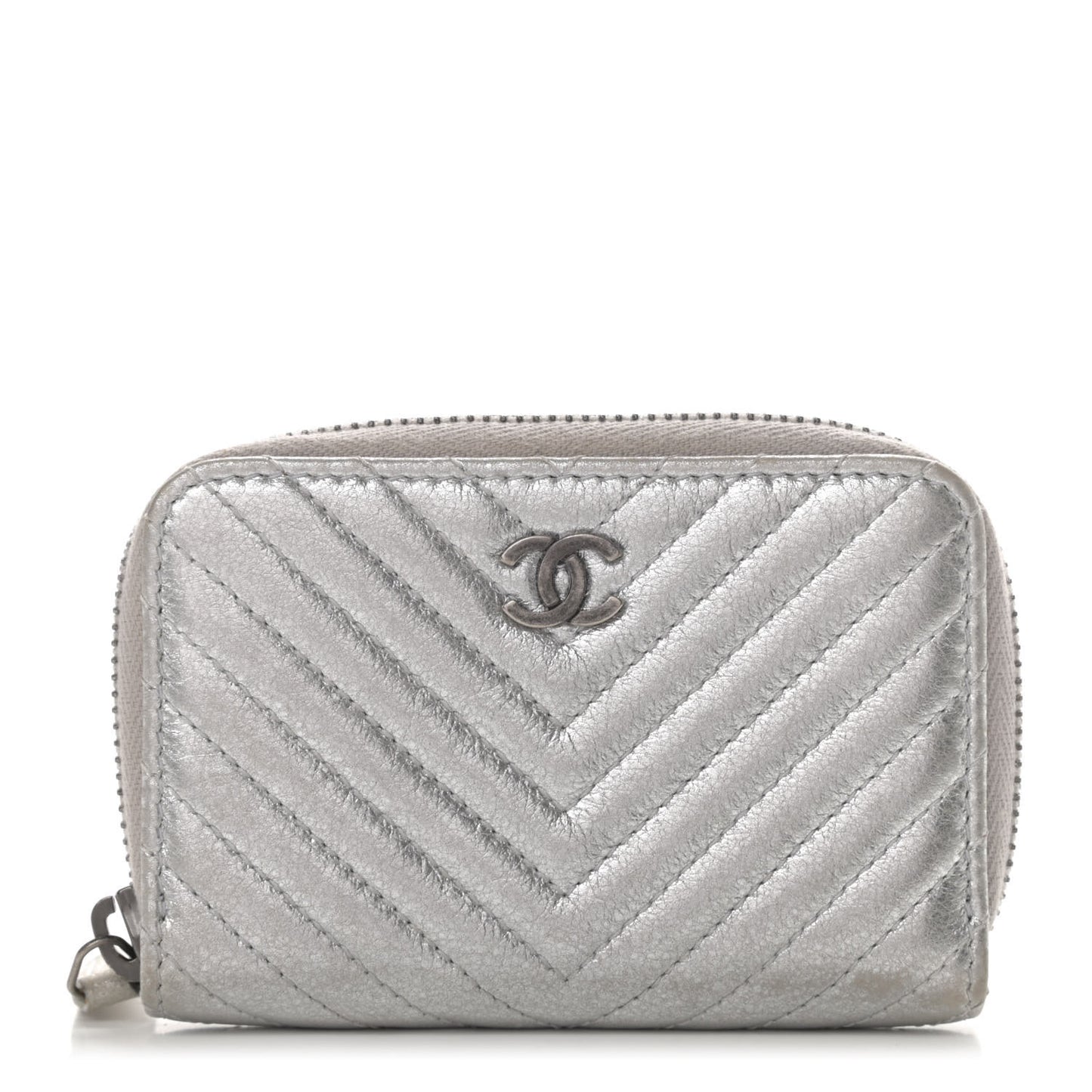 Metallic Lambskin Chevron Quilted Zip Coin Purse Silver