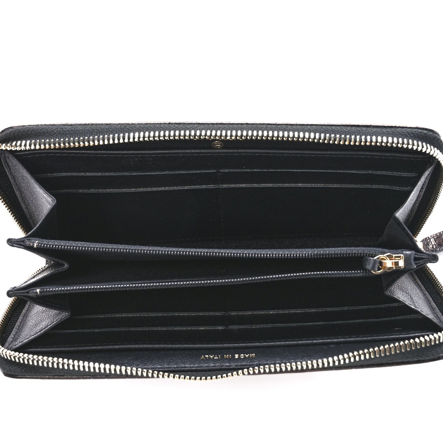 Calfskin Crocodile Embossed Mademoiselle Gabrielle Zip Wallet Black Gold