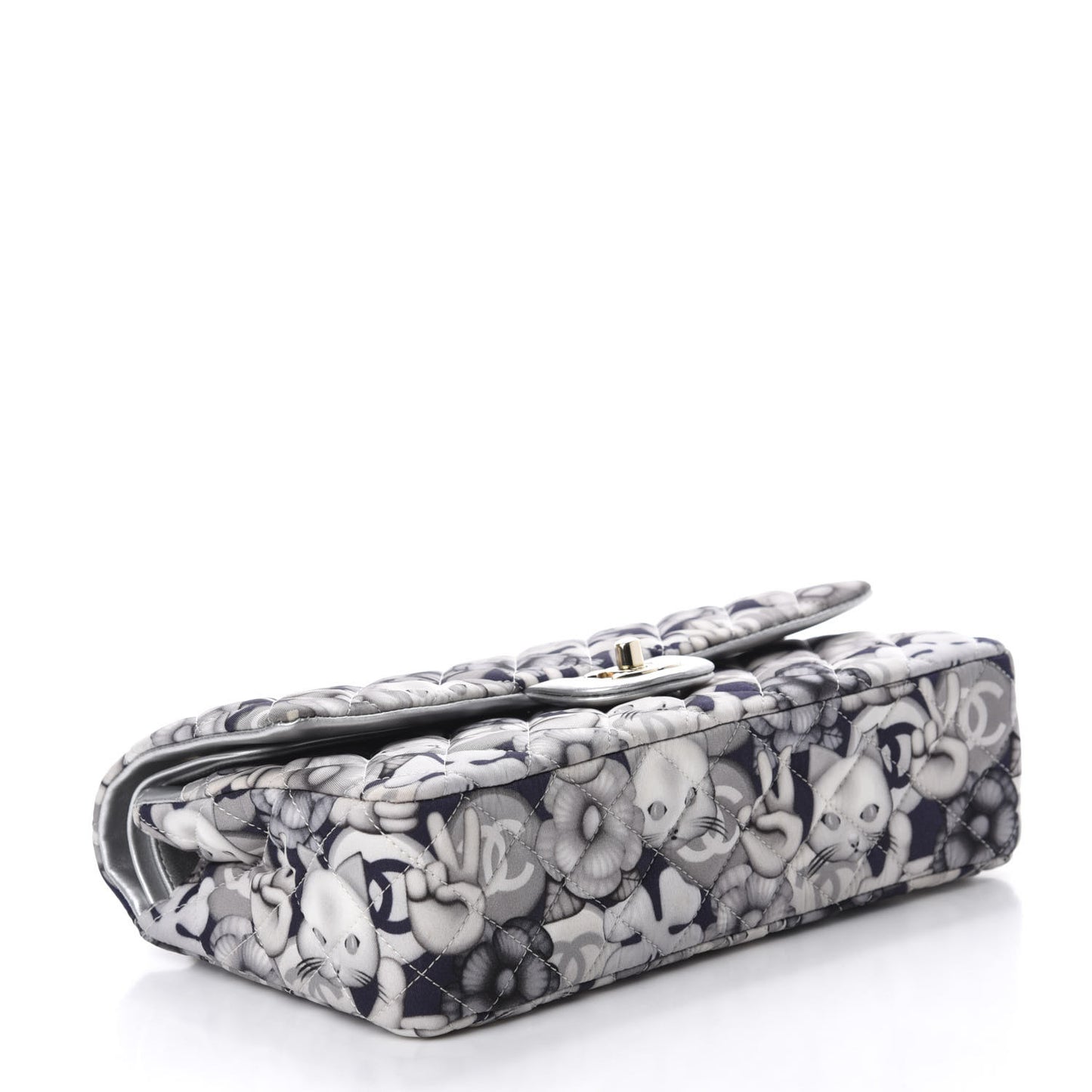 Nylon Quilted Medium Cat Emoticon Double Flap Navy Grey Ecru