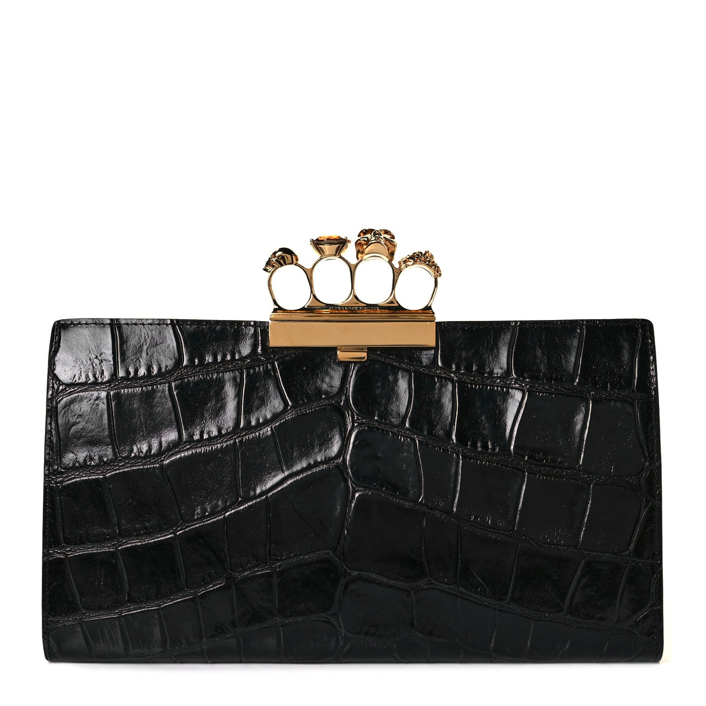 Calfskin Crocodile Embossed Knuckle Flat Clutch Black Gold