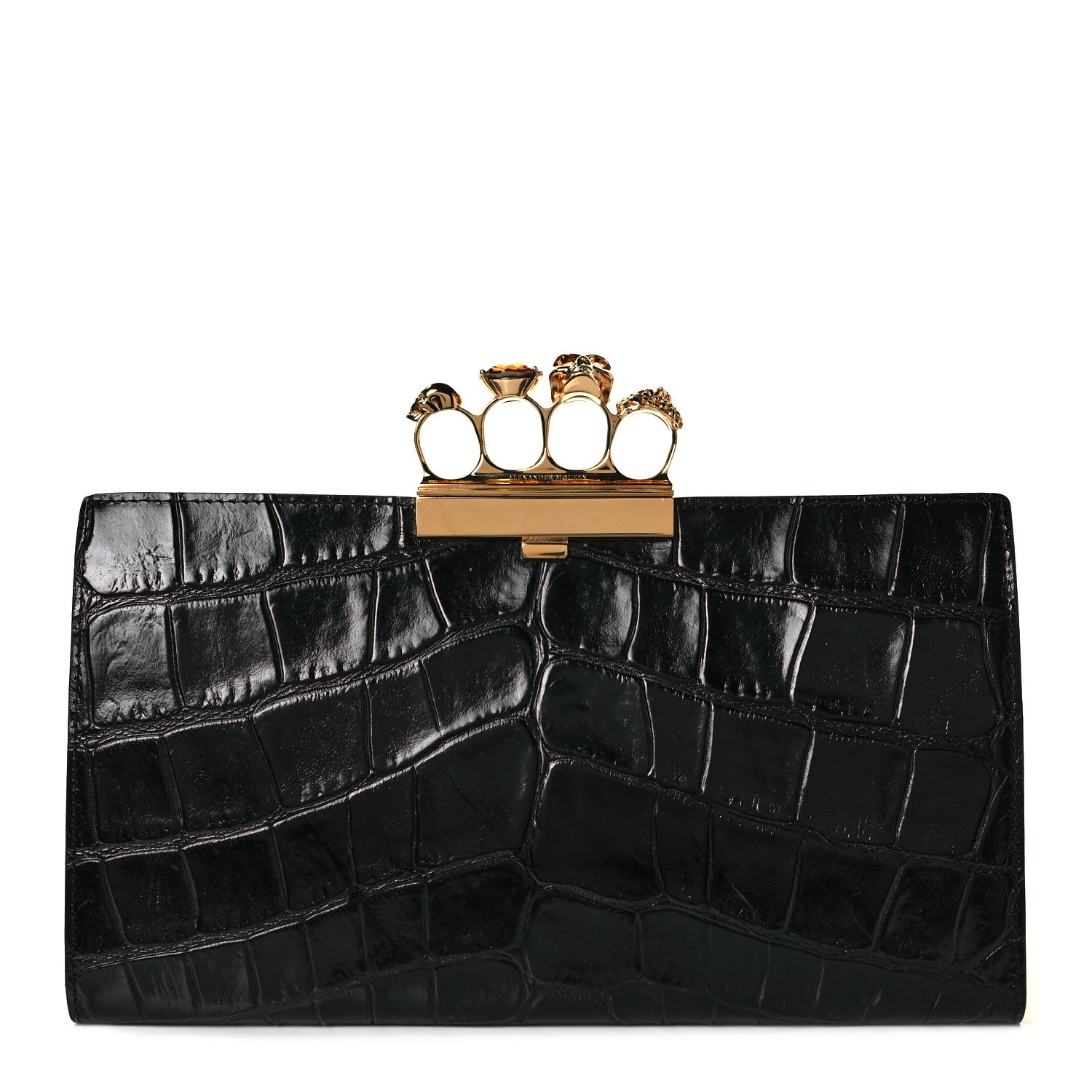 Alexander McQueen Calfskin Crocodile Embossed Knuckle Flat Clutch Black Gold 1 of 8