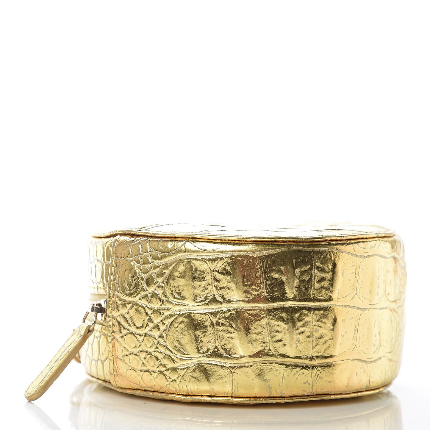 Metallic Calfskin Crocodile Embossed Cocodile Round Clutch with Chain Gold