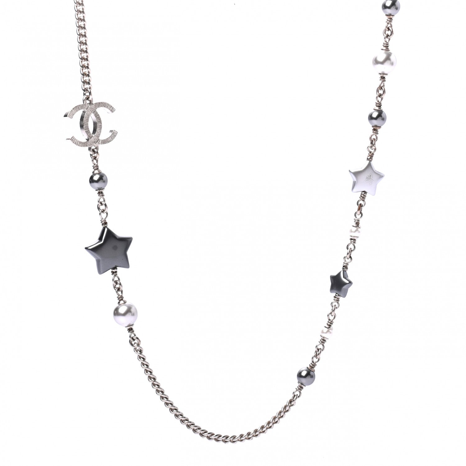 Chanel Resin Pearl Star CC Necklace Grey Silver 1 of 5