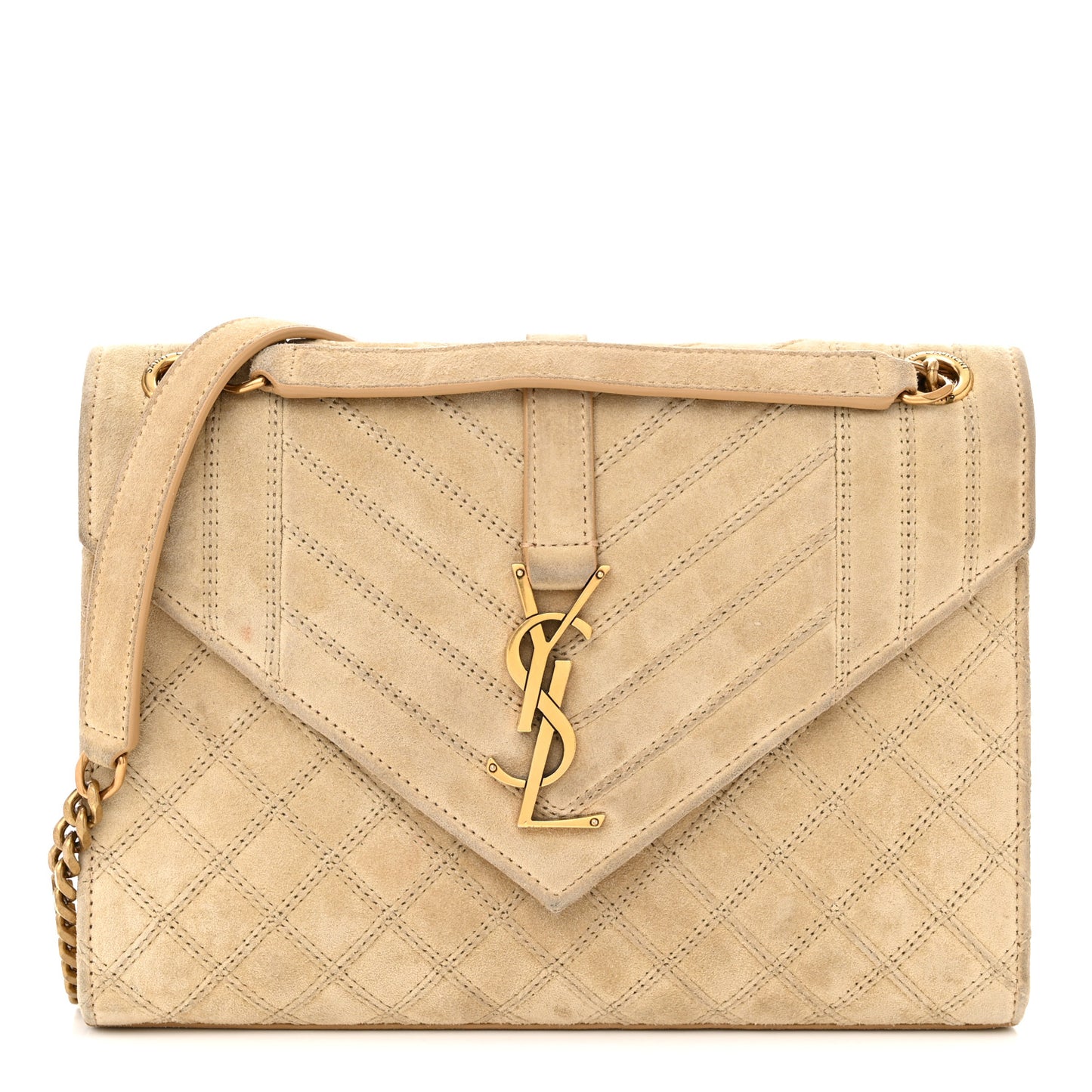 Suede Mixed Matelasse Triquilt Medium Monogram Envelope Satchel Sea Salt
