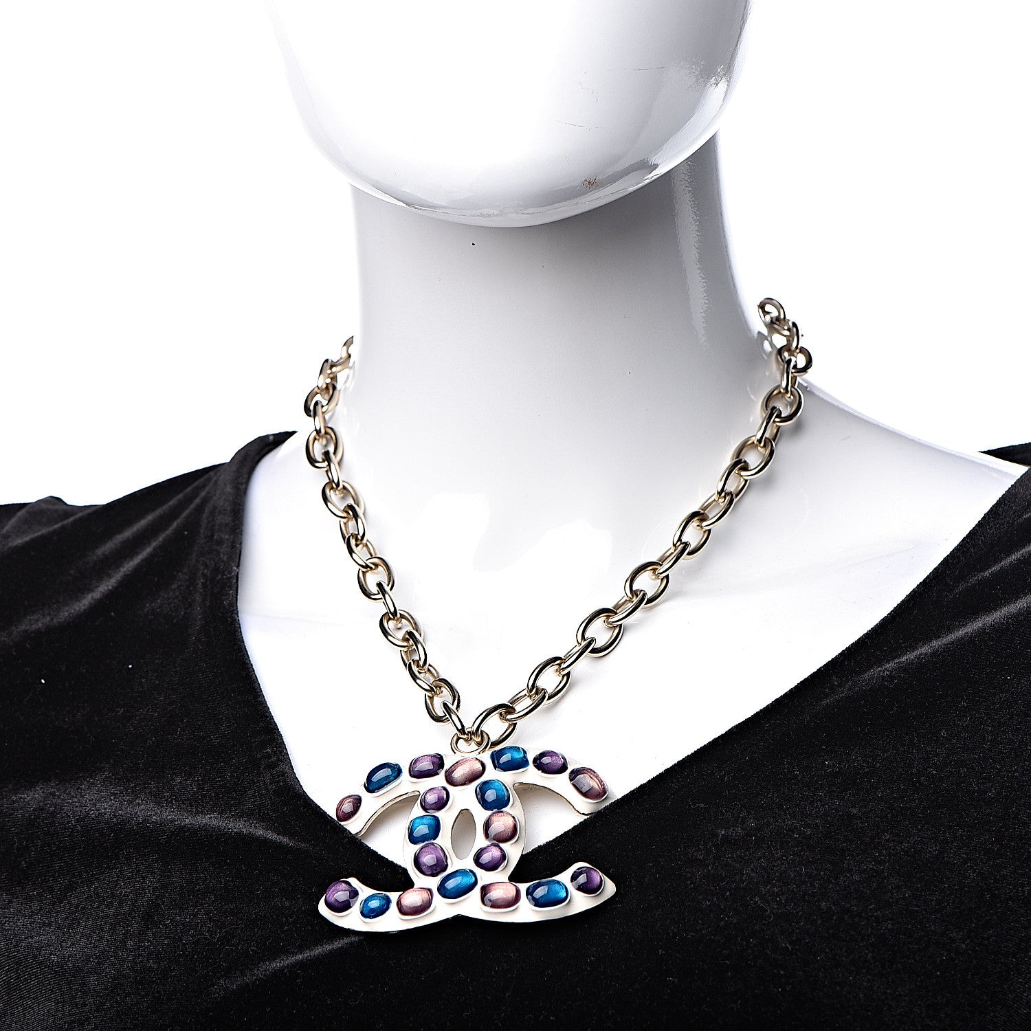 Chanel Beaded Large CC Pendant Necklace Gold Multicolor 2 of 5