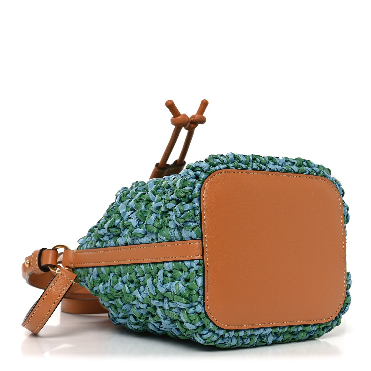 Raffia Crochet Nappa Mini Vlogo Bucket Bag Brown Blue