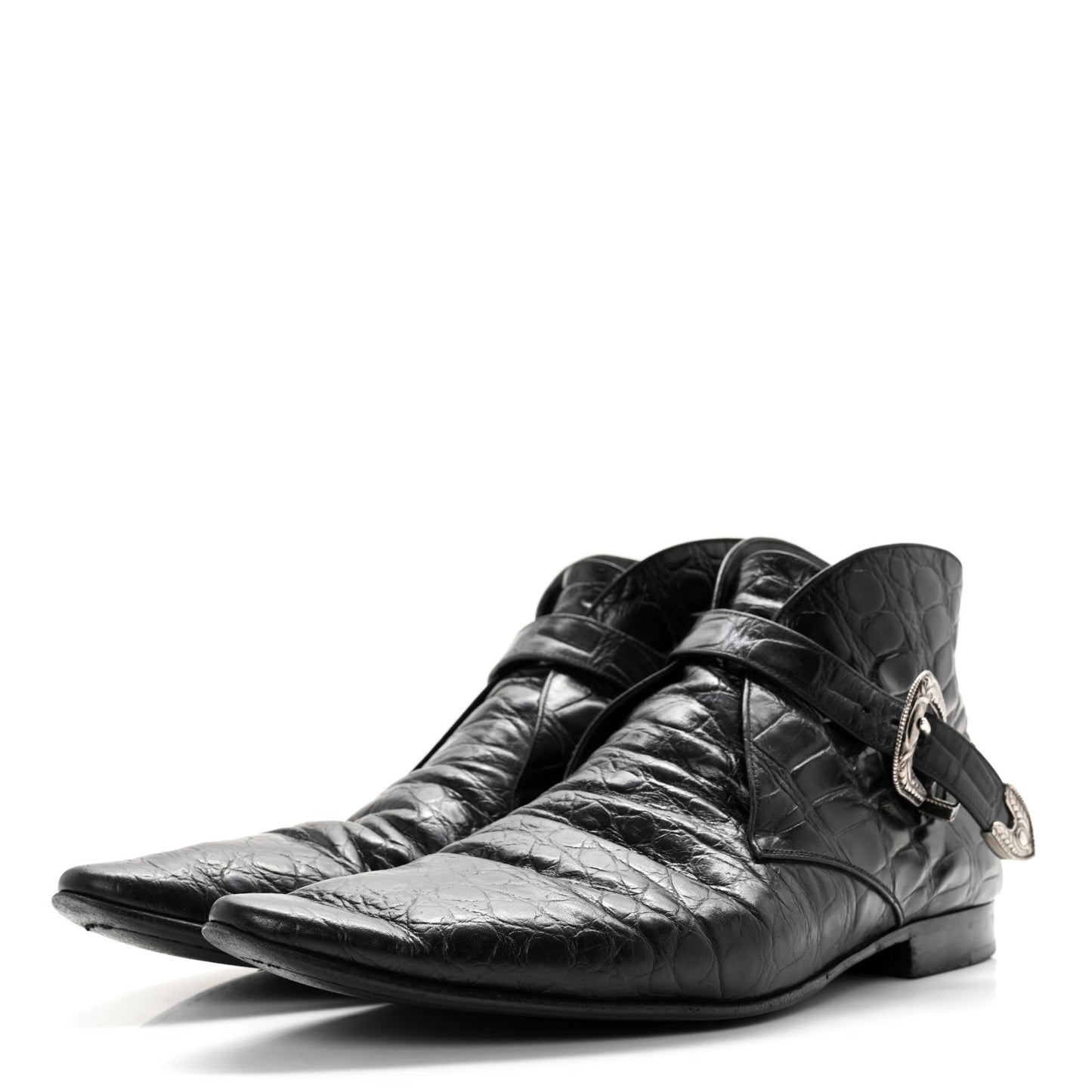 Calfskin Crocodile Embossed Mens Dixon Buckle Ankle Boots 45 Black