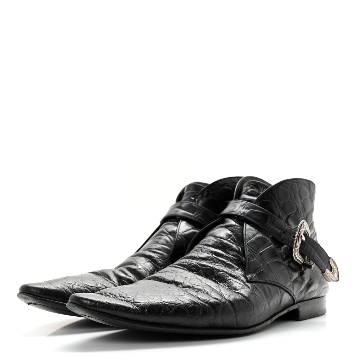 Saint Laurent Calfskin Crocodile Embossed Mens Dixon Buckle Ankle Boots 45 Black 3 of 12
