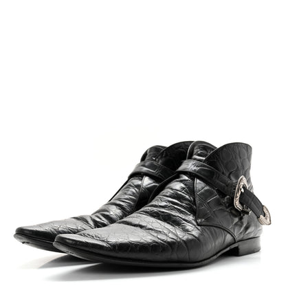 Saint Laurent Calfskin Crocodile Embossed Mens Dixon Buckle Ankle Boots 45 Black 3 of 12
