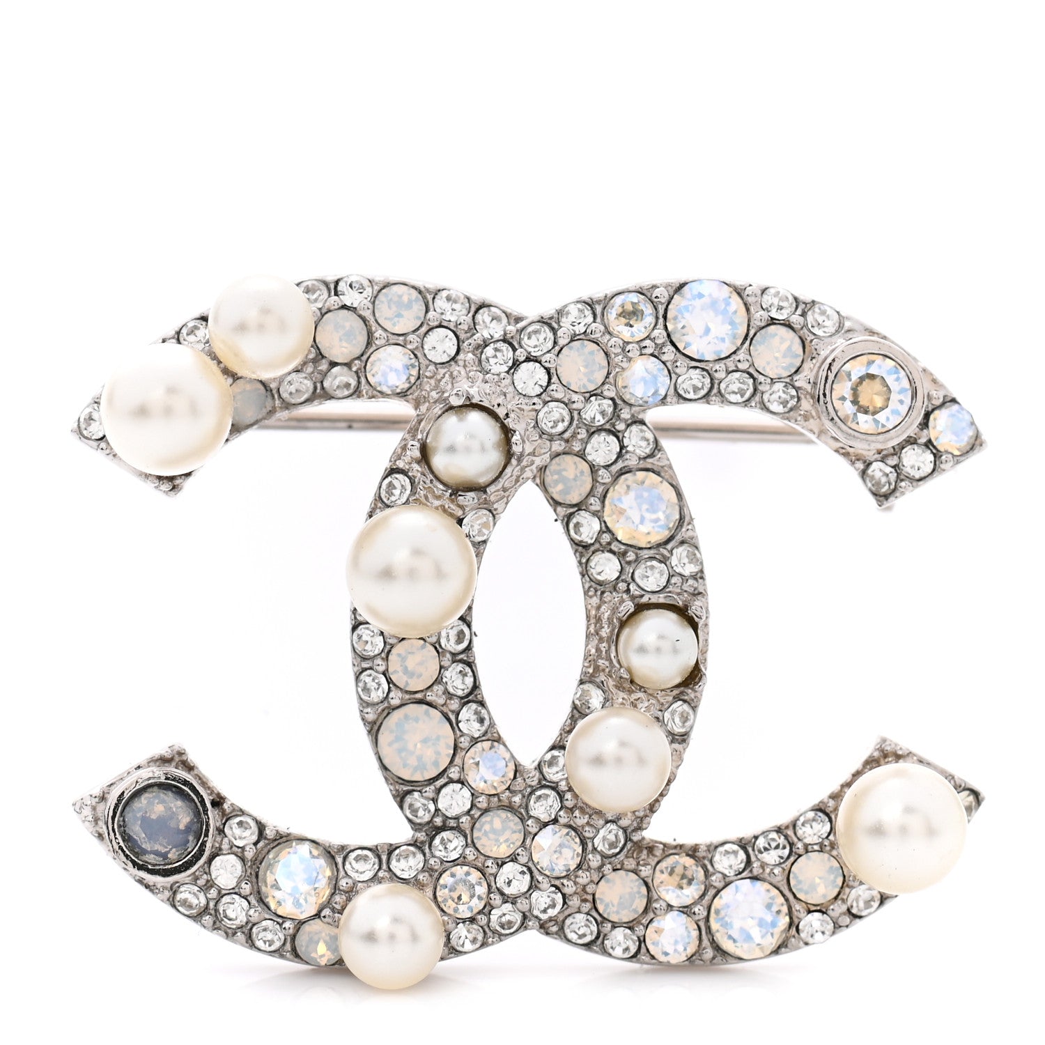 Chanel Pearl Crystal CC Mini Brooch Silver 1 of 7